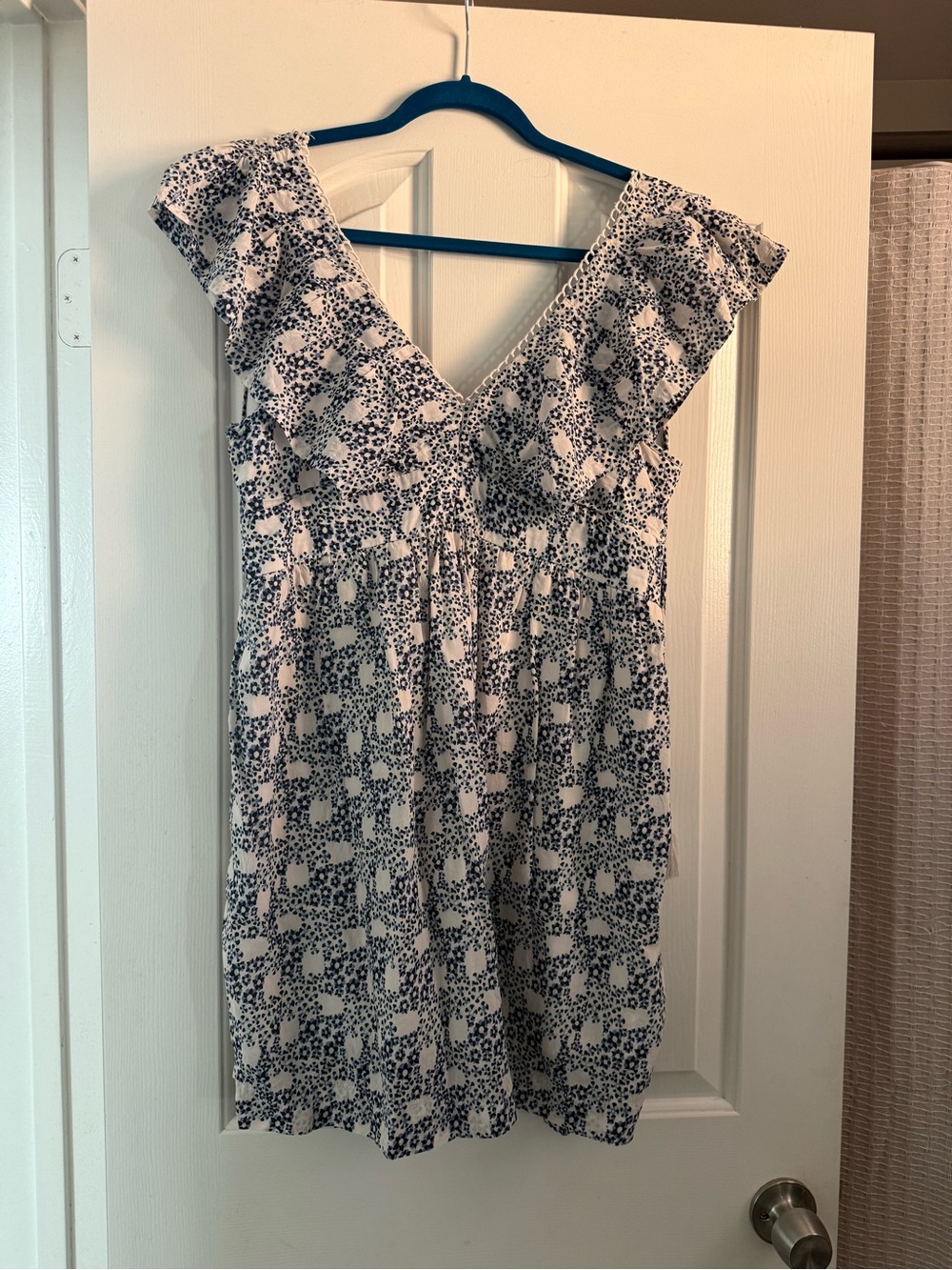 Anthropologie White Dress with Navy Floral Print and Ruffle Sleeves